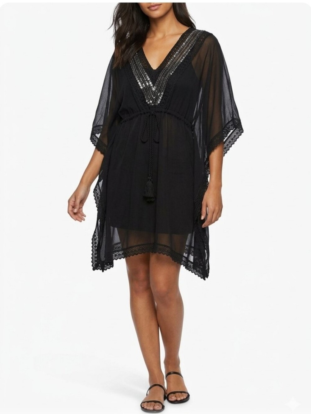 Dress Barn Swim Dress Barn Black Embellished Vneck Sheer Swim Cover Up OS